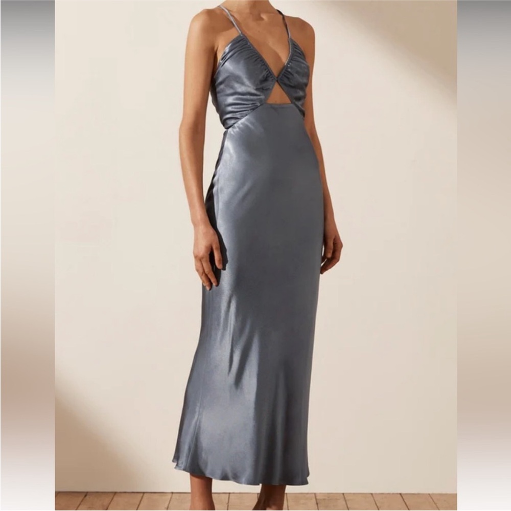 Shona Joy Steel Blue Satin Midi Slip Dress